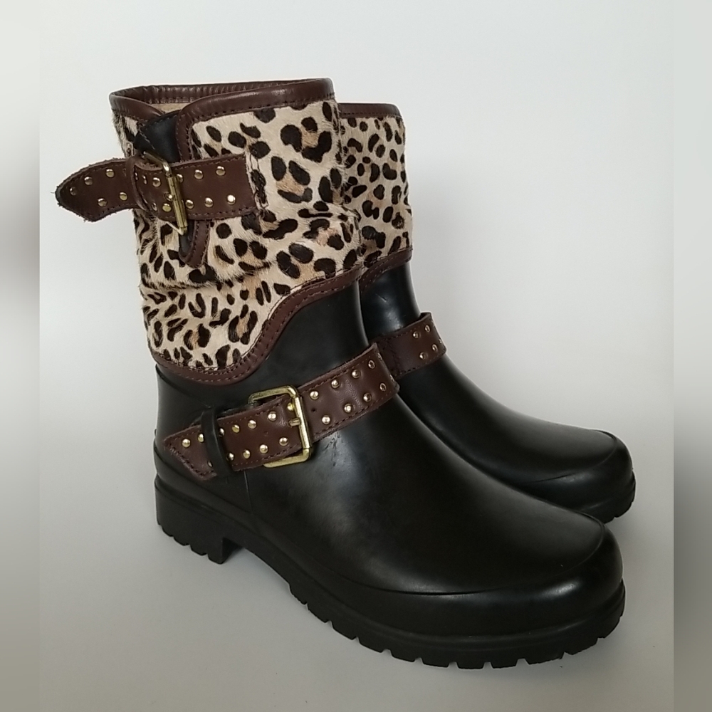 Sperry Falcon Rain Boots Leopard Cheetah Brown Buckle Moto Sz 6 Womens